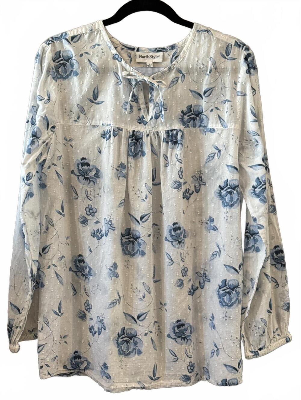 NorthStyle White and Blue Floral Long Sleeve Blouse, Size L